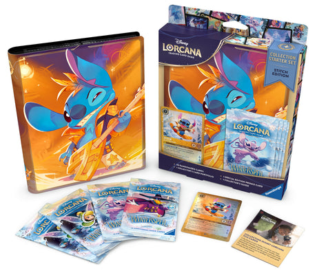 Lorcana TCG Winterspell Collection Starter Set featuring Stitch edition, includes colorful cards and themed packaging for collectible gameplay