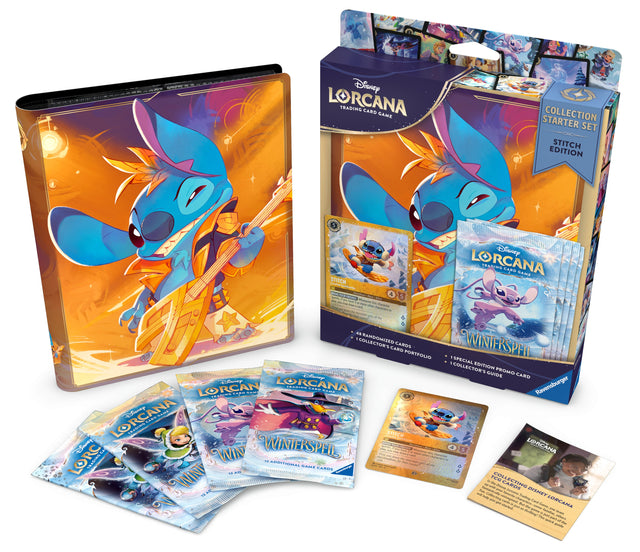 Lorcana TCG Winterspell Collection Starter Set featuring Stitch edition, includes colorful cards and themed packaging for collectible gameplay