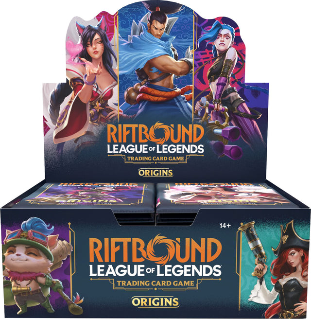 Riftbound: Origins Booster Box by UVS Games featuring colorful card packs with fantasy-themed artwork and game cards.