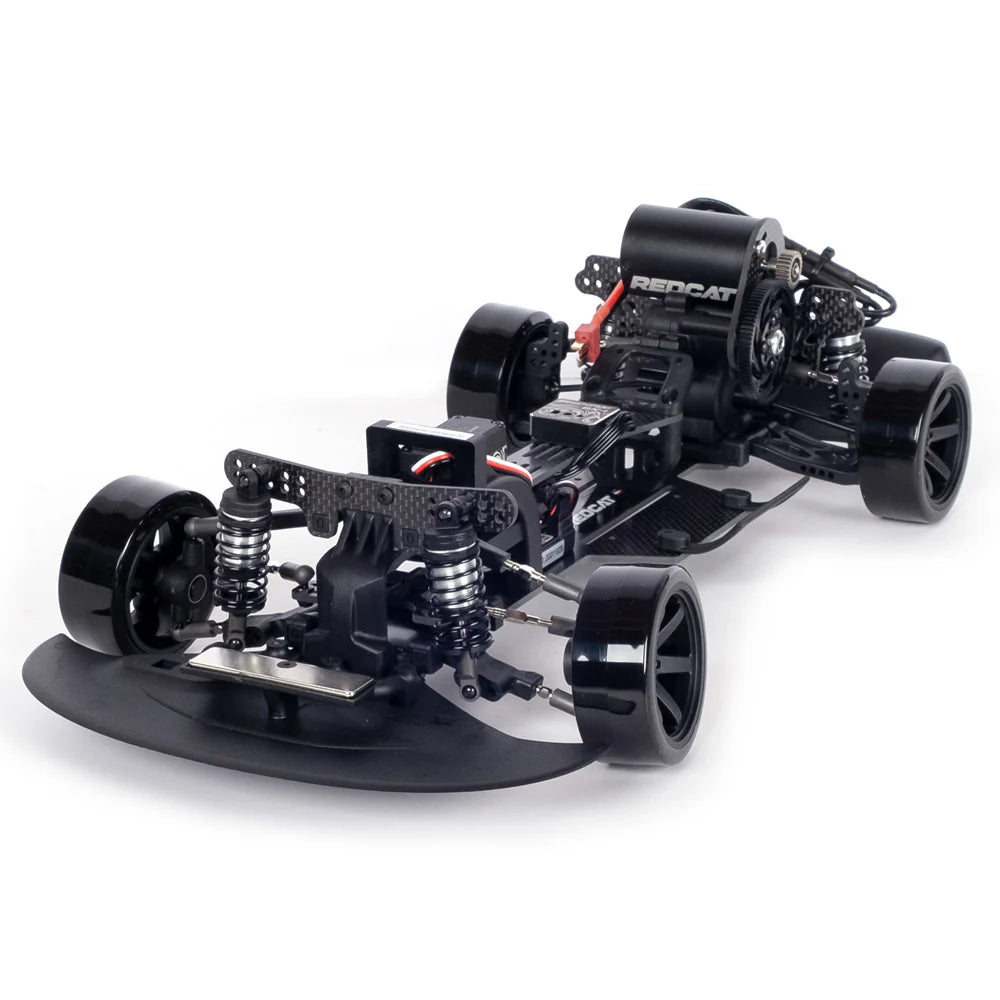 Redcat RDS 1/10 scale 2WD competition drift car chassis with red and black design, ready for high-performance RC drifting.