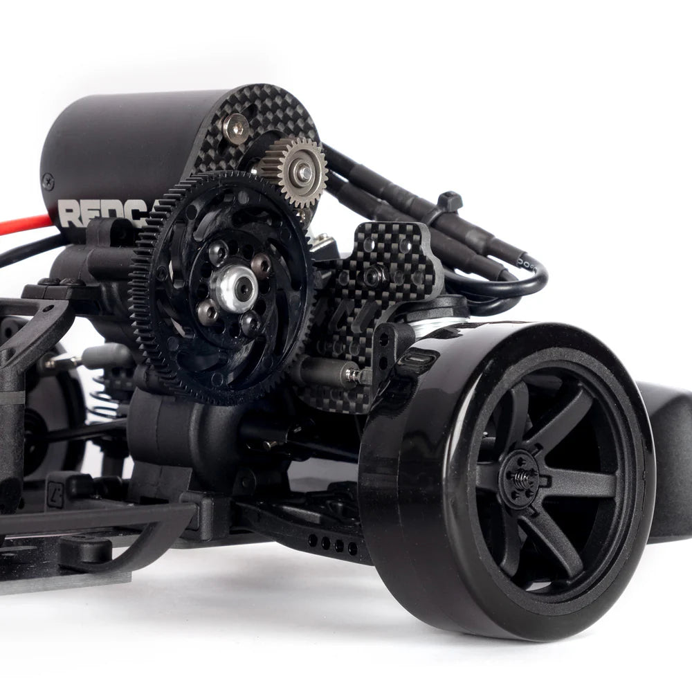 Redcat RDS 1/10 scale 2WD drift car chassis with motor mount and detailed components for competitive RC drifting.