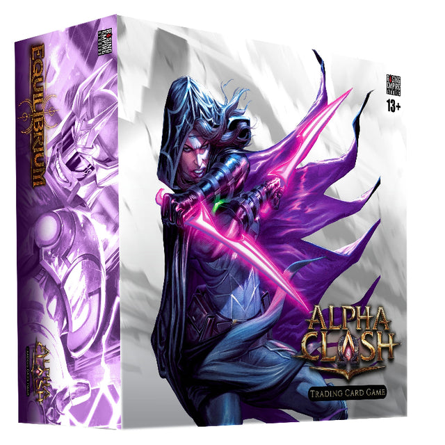 Alpha Clash TCG Equilibrium Booster Box by Rising Empire Studios featuring colorful collectible trading cards in a sealed box.