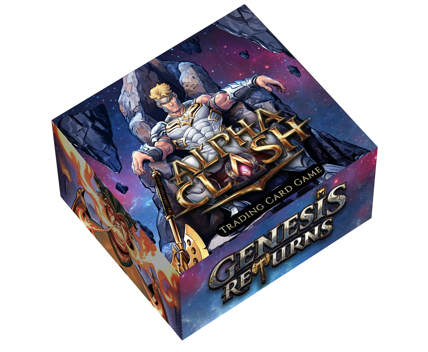 Alpha Clash TCG Genesis Returns Booster Box by Rising Empire Studios, featuring colorful collectible trading card packaging.