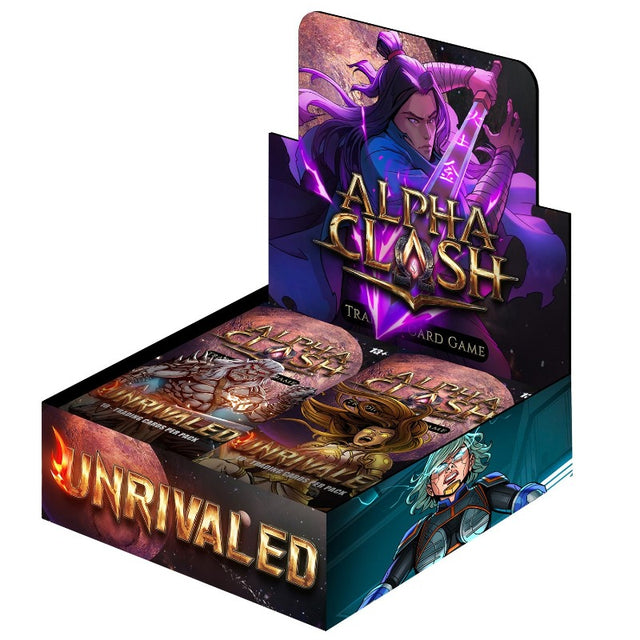 Alpha Clash TCG Unrivaled Booster Box by Rising Empire Studios featuring colorful collectible trading cards in a sealed box.