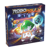 Set of Robo Rally dice from Renegade Game Studios in a colorful box with a shadowed 3D effect.