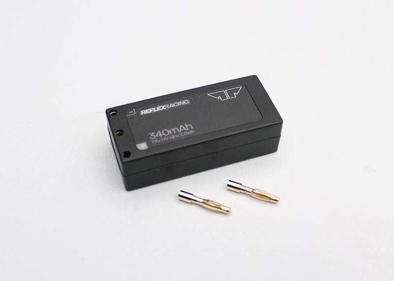 Reflex Racing RRE012 340mAh 7.6V LiHV hardcase RC car lipo battery with protective casing and wiring.