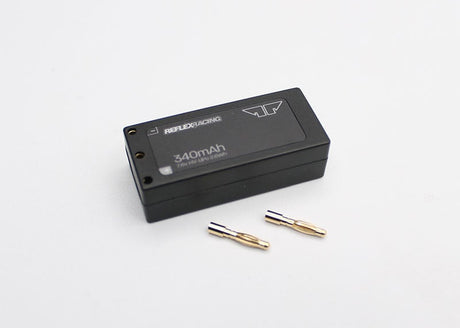 Reflex Racing RRE012 340mAh 7.6V LiHV hardcase RC car lipo battery with protective casing and wiring.
