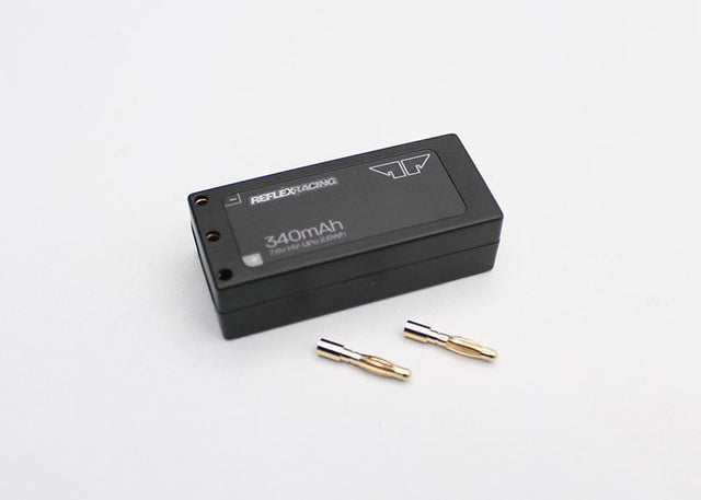 Reflex Racing RRE012 340mAh 7.6V LiHV hardcase RC car lipo battery with protective casing and wiring.