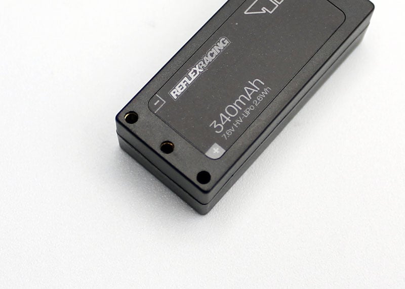 Reflex Racing RRE012 340mAh 7.6V LiHV hardcase RC car Lipo battery showing compact black hardcase and connector.