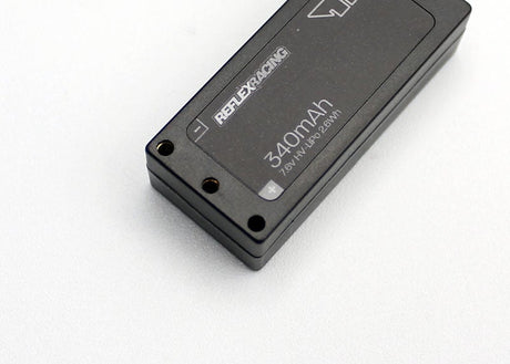 Reflex Racing RRE012 340mAh 7.6V LiHV hardcase RC car Lipo battery showing compact black hardcase and connector.