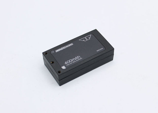 Reflex Racing RRE015 400mAh 7.6V LIHV hardcase RC car lipo battery with black and red design and branding.