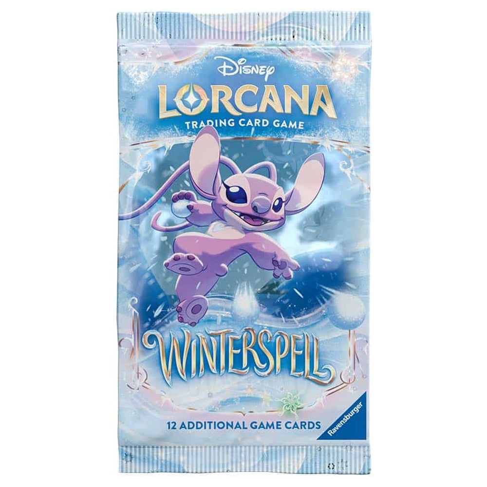 Lorcana TCG Winterspell Booster Pack featuring colorful card artwork and branding, ready for trading card game enthusiasts.