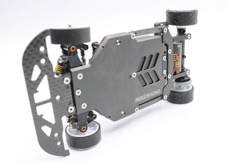 Reflex Racing RX28SE-08 24mm battery main chassis conversion kit for RC cars, showing the metal chassis parts and assembly components.