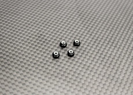 Reflex Racing RX525 aluminum black wheel nuts for RC cars, close-up of durable, lightweight RC car parts with a sleek finish.