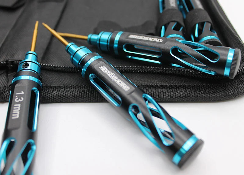 Reflex Racing RX537 Tool Kit V3 with various precision tools arranged in a black carrying case.