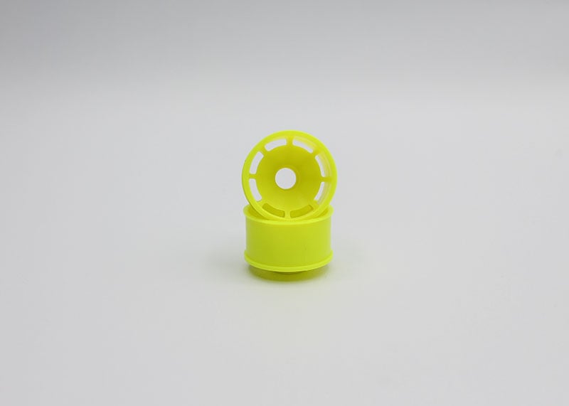 Reflex Racing RX600R0Y yellow rear RC car wheel with 0 offset, featuring a speed dish design for remote control car racing.