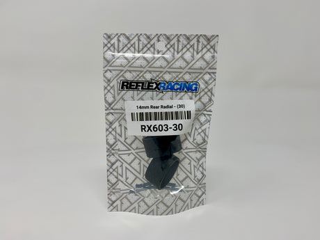 Reflex Racing RX603-30 14mm Radial Tire with 30° tread angle for RC cars, showing textured rubber surface and sidewall details.