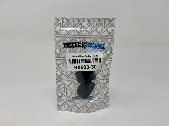 Reflex Racing RX603-30 14mm Radial Tire with 30° tread angle for RC cars, showing textured rubber surface and sidewall details.