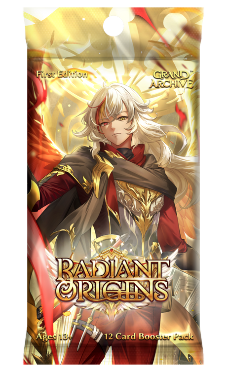 Radiant Origins 1st Edition booster pack for Grand Archive TCG by Weebs of the Shore, featuring colorful card artwork.