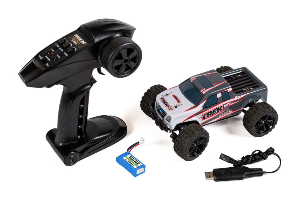 Rage RC Mini Trek MT 1/24 RTR monster truck with rugged tires and detailed body, designed for off-road racing and outdoor fun.