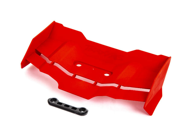 Red Traxxas rear wing with mounting hardware for RC car, featuring aerodynamic design and vibrant red color.