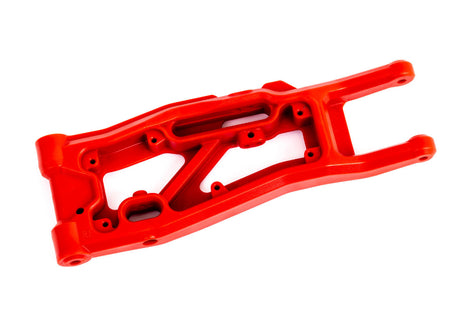 Red Traxxas right front suspension arm for RC car, showing detailed plastic component with mounting holes.