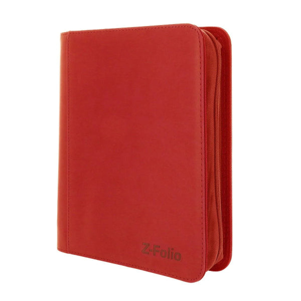 Red BCW Z-Folio 4-Pocket LX Toploaders binder for trading cards with transparent pockets and secure ring binding.