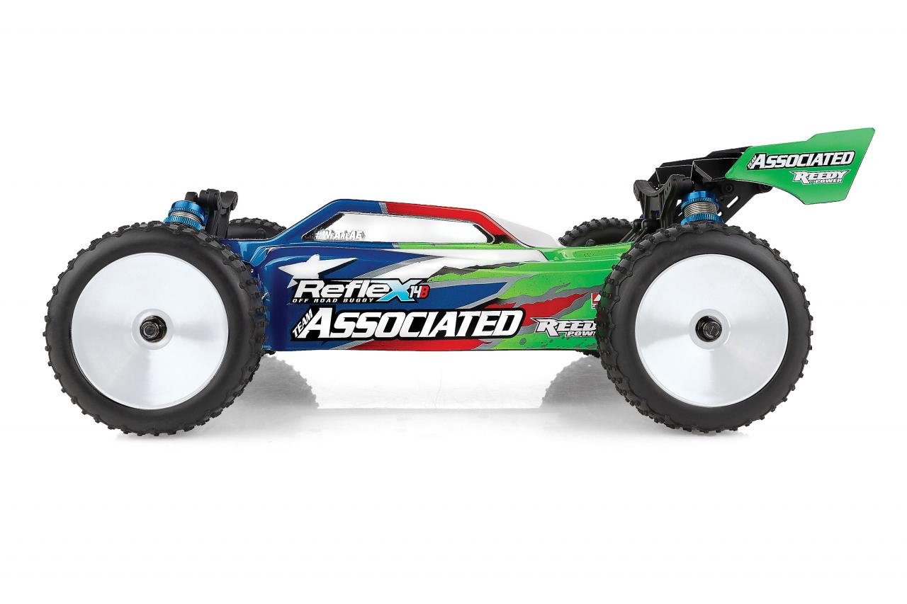 Team Associated Reflex 14B RC buggy kit with detailed chassis and tires, ready for off-road racing and custom assembly.