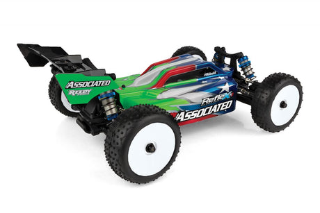 Team Associated Reflex 14B RC buggy kit with detailed chassis and colorful body, ready for off-road racing.