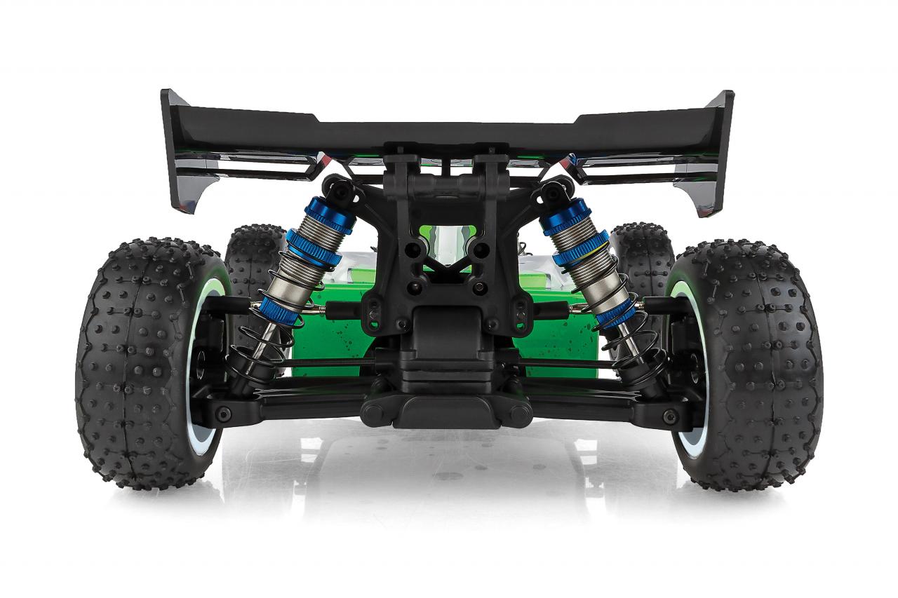 Team Associated Reflex 14B RC buggy kit with detailed blue and black body, off-road tires, and suspension components.