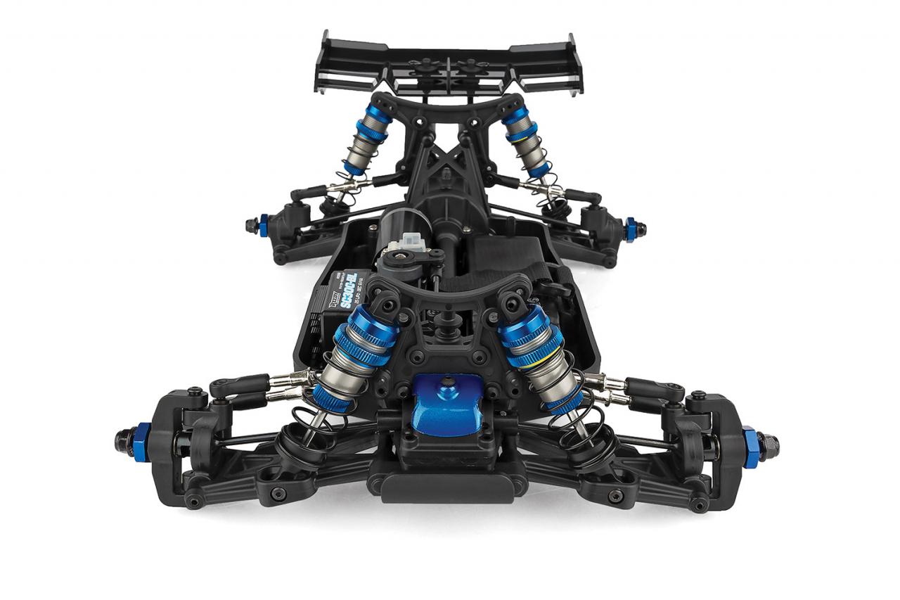 Team Associated Reflex 14B RC buggy kit with detailed chassis and colorful body, designed for off-road racing enthusiasts.