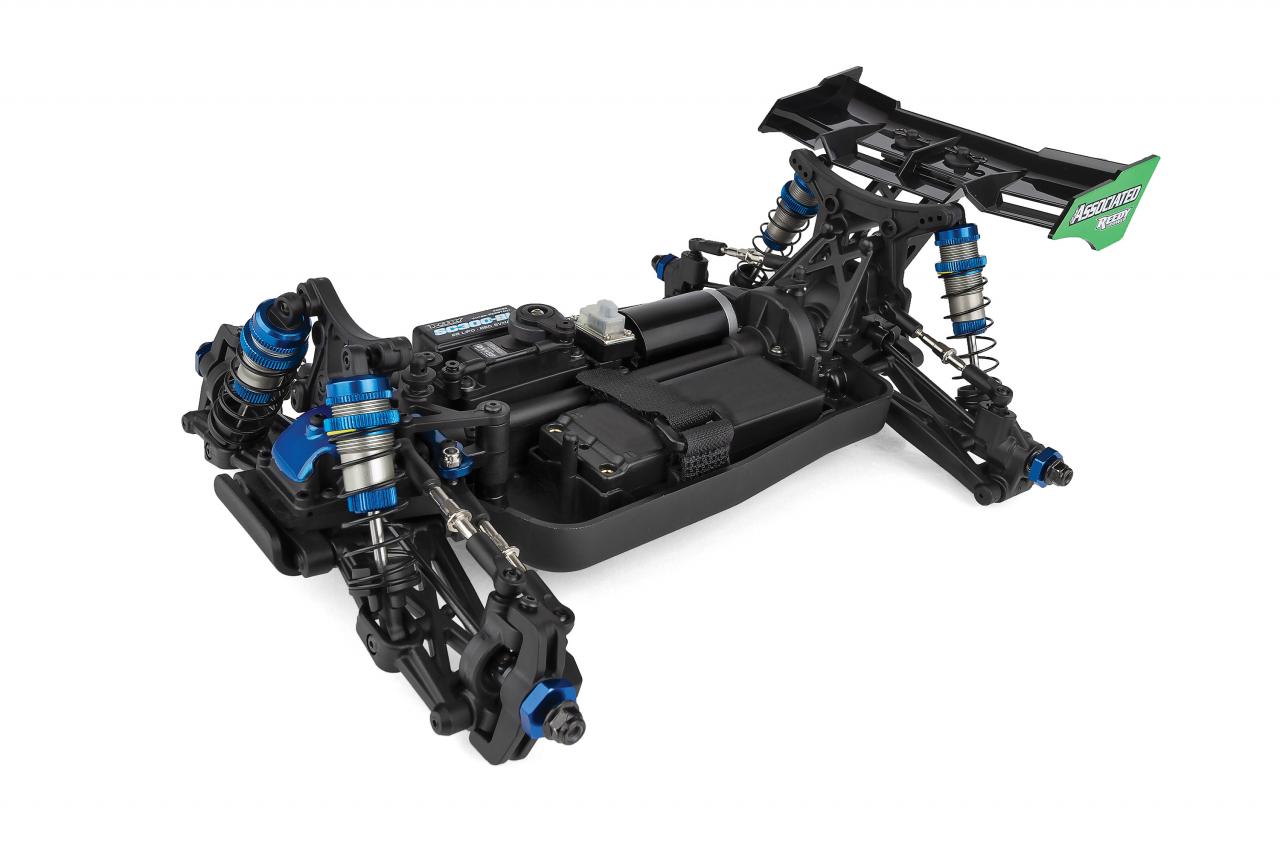 Team Associated Reflex 14B RC buggy kit with detailed chassis and suspension components, ready for assembly and racing.