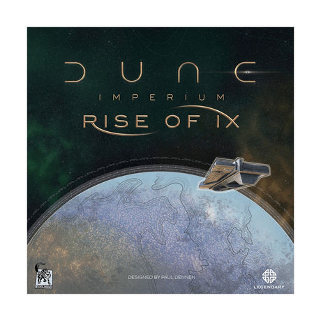 Dune: Imperium Rise of Ix expansion box featuring artwork of futuristic machinery and desert landscape by Dire Wolf.
