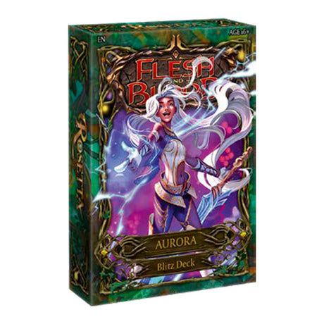 Flesh and Blood Rosetta Blitz Deck collection of collectible trading cards by Legends Story Studios, featuring vibrant aurora artwork.