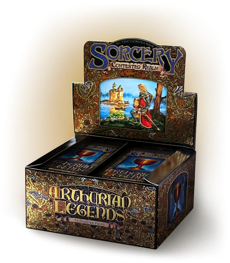 Sorcery Arthurian Legends booster box of collectible trading cards featuring mythical characters and medieval artwork.