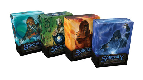 Sorcery Contested Realm Beta Precon Box of collectible trading cards featuring fantasy-themed artwork and game details.