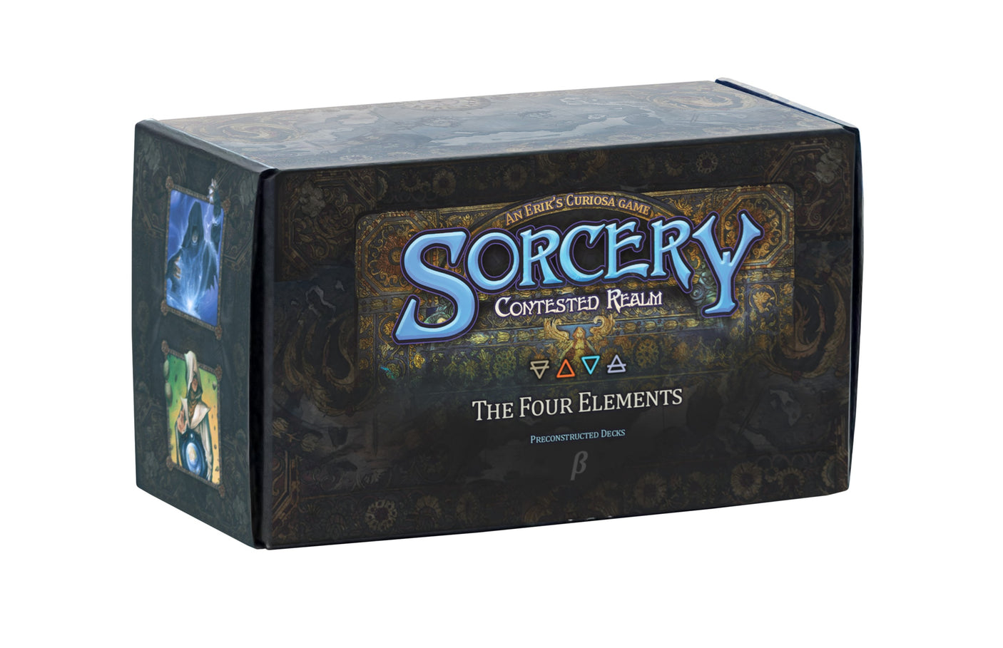Sorcery: Contested Realm Beta Precon Box with collectible trading cards featuring fantasy artwork and game components.