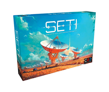 SETI: Search for Extraterrestrial Intelligence board game by Czech Games Edition, featuring a space-themed game box and components.