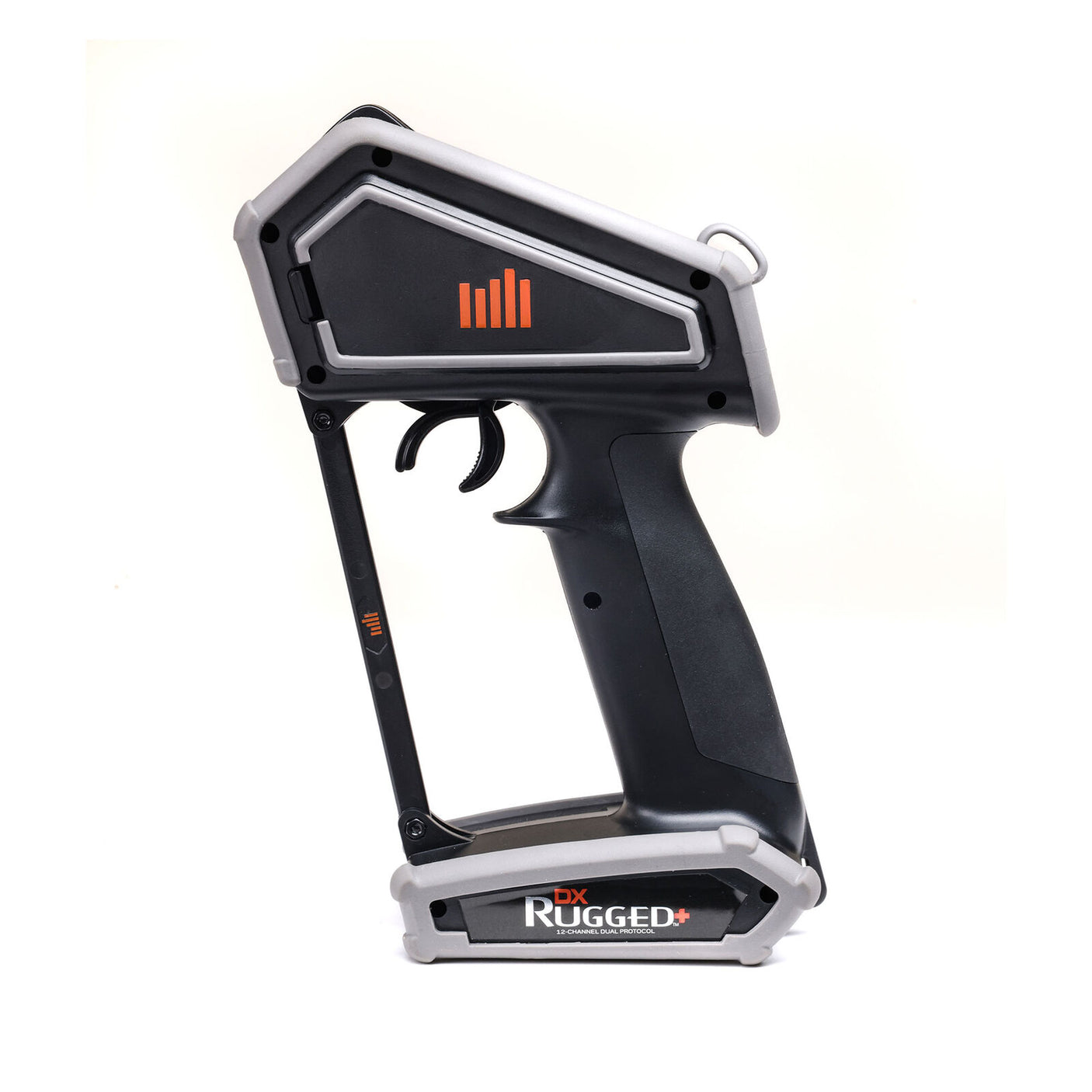 Spektrum DX Rugged+ 12-channel DSMR+ transmitter with SR615 receiver, shown in black with control sticks and LCD screen.