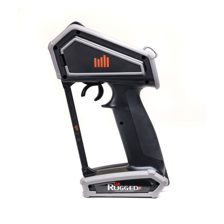 Spektrum DX Rugged+ 12-channel DSMR+ transmitter with SR615 receiver, shown in black with control sticks and LCD screen.