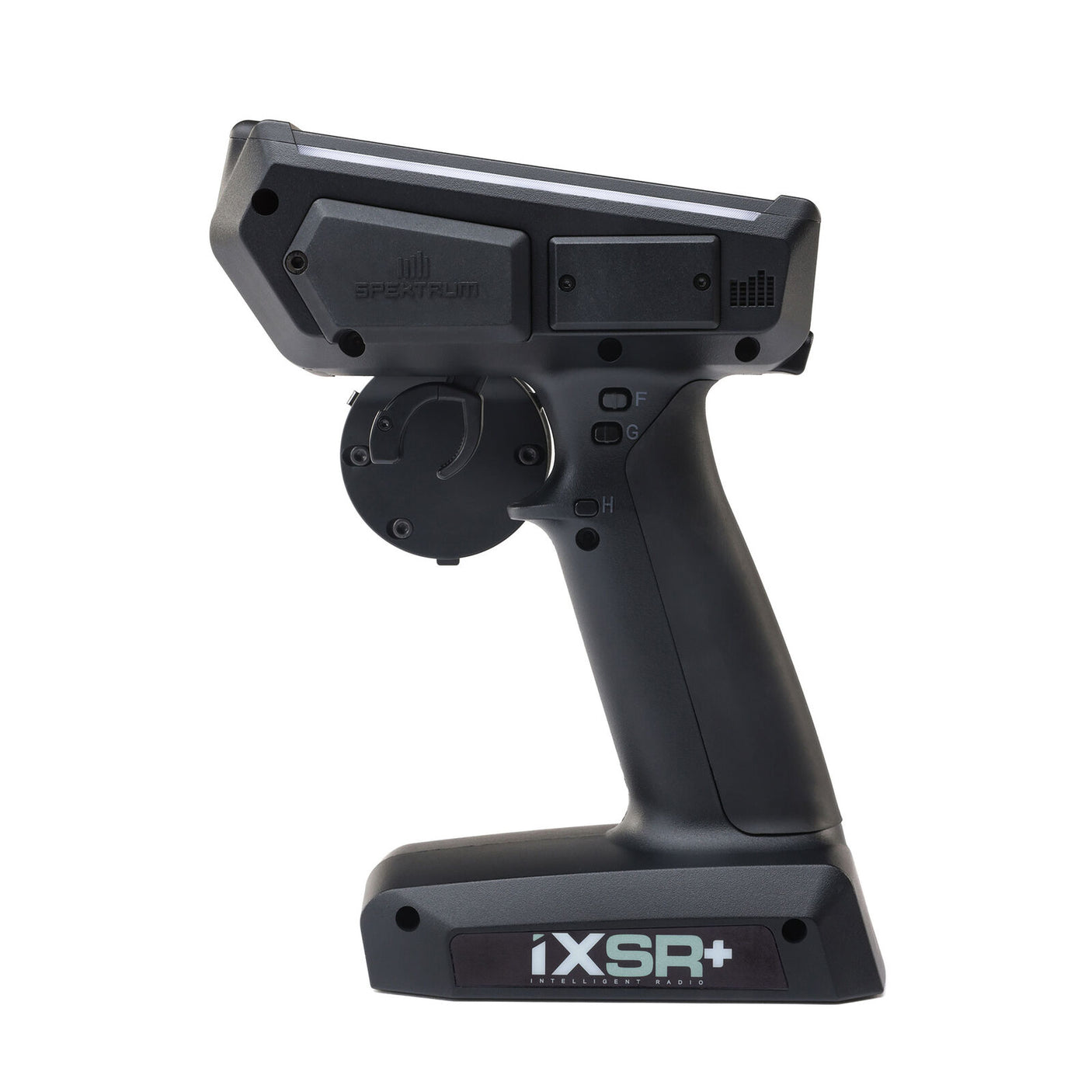 Spektrum iXSR+ 12-channel DSMR+ transmitter with SR515 receiver, shown with control sticks and display screen.