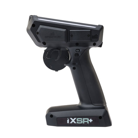 Spektrum iXSR+ 12-channel DSMR+ transmitter with SR515 receiver, shown with control sticks and display screen.