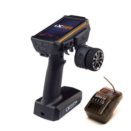 Spektrum iXSR+ 12-channel DSMR+ transmitter with SR515 receiver, black radio controller with LCD screen and control sticks