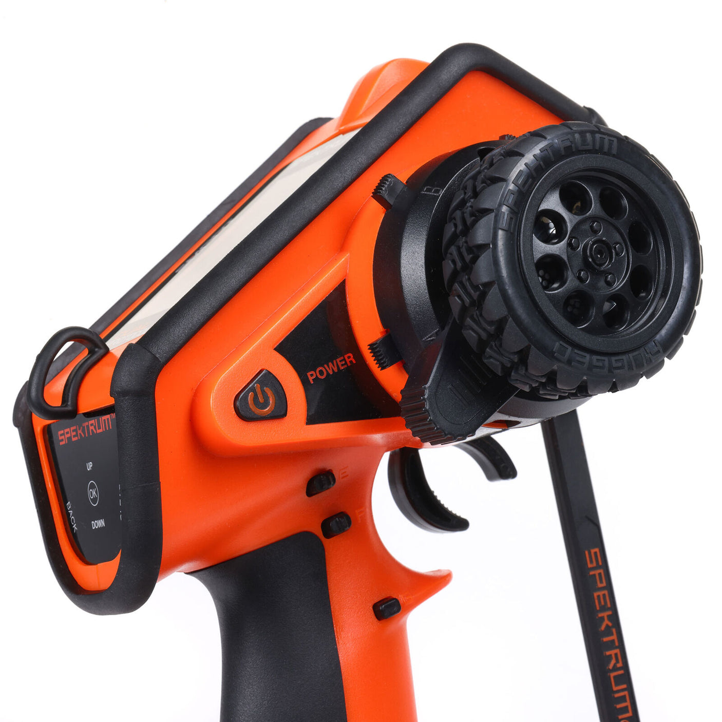 Spektrum DX Rugged+ 12-channel DSMR+ transmitter with ergonomic controls and rugged design for remote control applications
