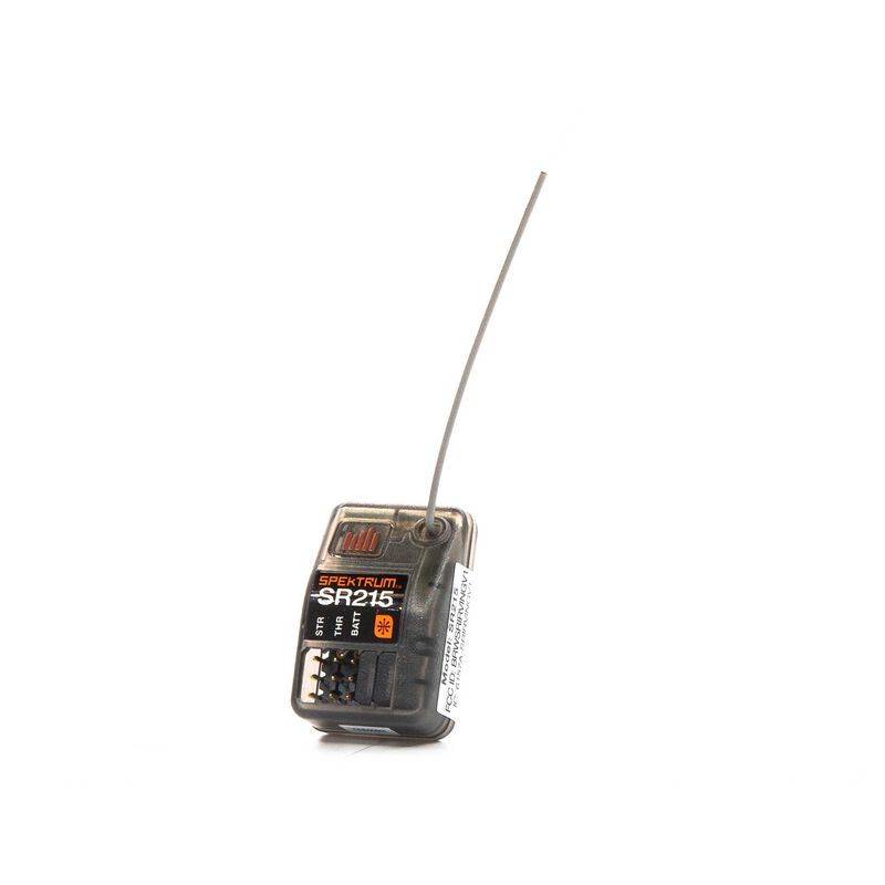 Spektrum SR215 DSMR 2-channel receiver with compact design and multiple connection ports for RC drone or car.