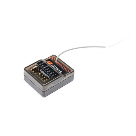 Water-resistant Spektrum SR615 DSMR 6-channel RC receiver with antenna and LED indicators on a black background.