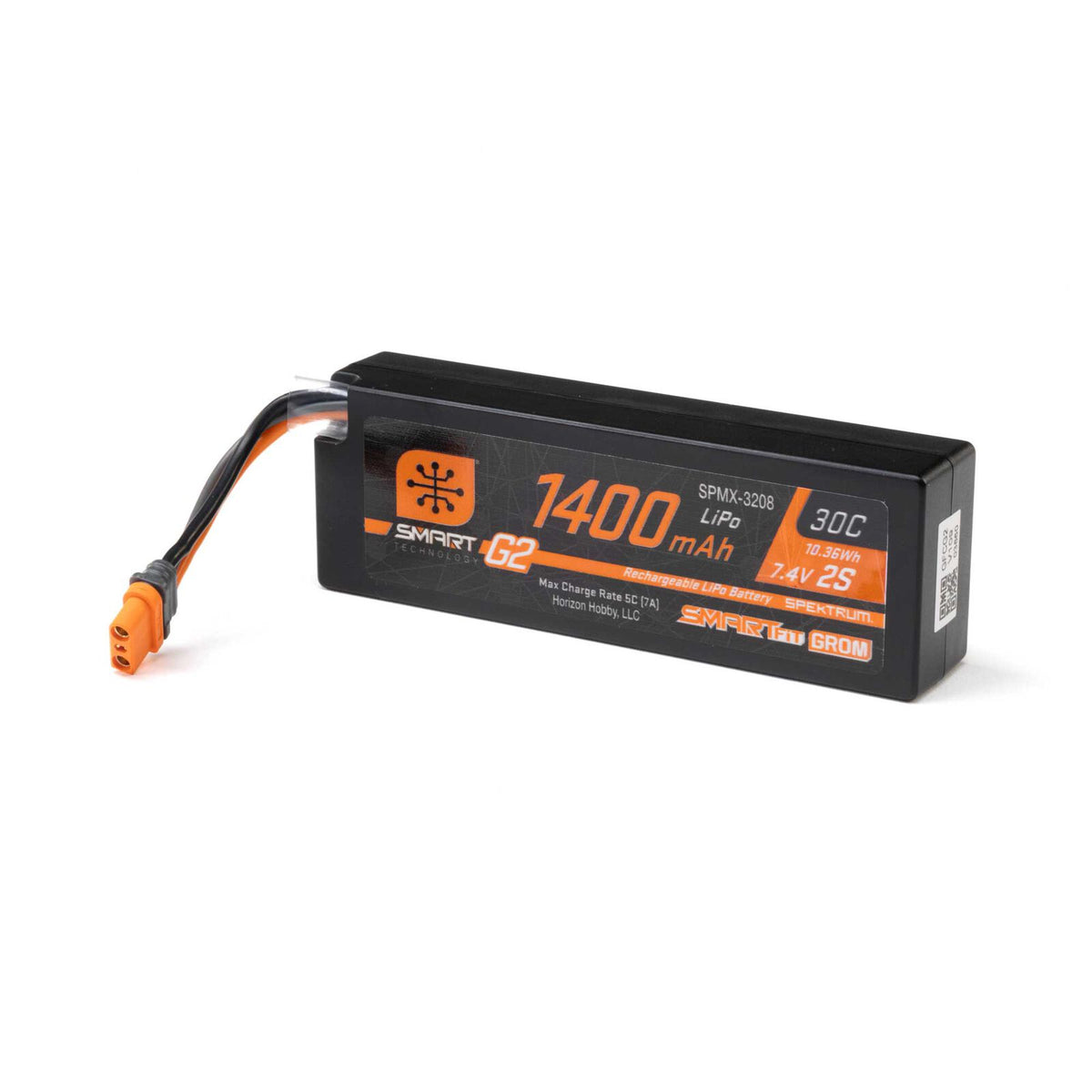 Spektrum 7.4V 1400mAh 2S 30C Smartfit G2 LiPo battery with IC2 connector for RC models, shown in black and white packaging.