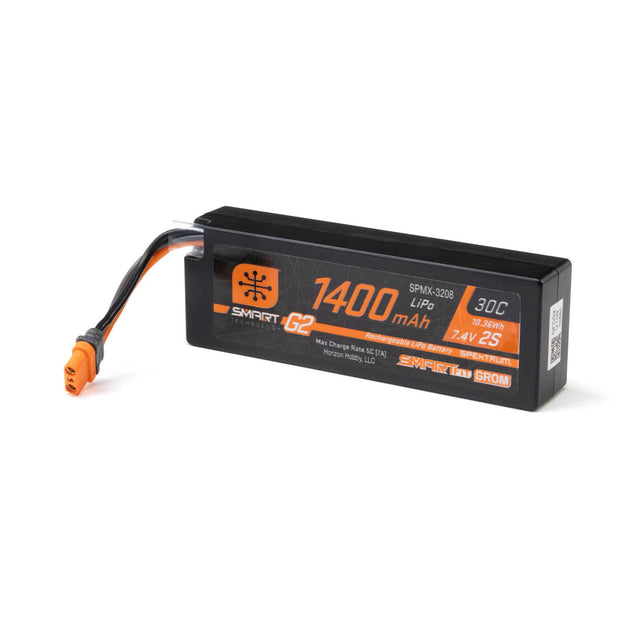Spektrum 7.4V 1400mAh 2S 30C Smartfit G2 LiPo battery with IC2 connector for RC models, shown in black and white packaging.