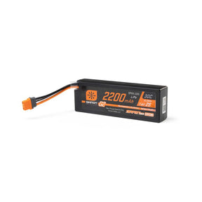 Spektrum 7.4V 2200mAh 2S 30C Smartfit G2 LiPo battery with IC2 connector for RC models, shown with label and connectors.
