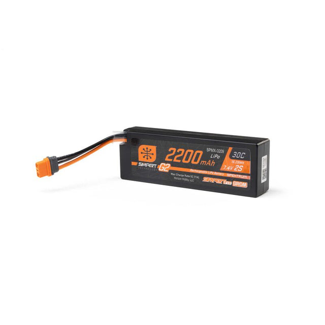 Spektrum 7.4V 2200mAh 2S 30C Smartfit G2 LiPo battery with IC2 connector for RC models, shown with label and connectors.